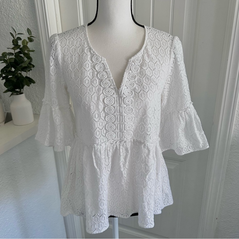 Lilly Pulitzer Inez White Lace V-Neck Flounce Top Size XS Coastal Light
